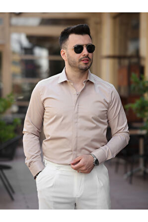 Süper Slim Fit (Dar Kalıp ) Gizli Düğmeli Pamuk Saten Gömlek