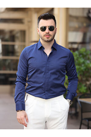 Süper Slim Fit (Dar Kalıp ) Gizli Düğmeli Pamuk Saten Gömlek