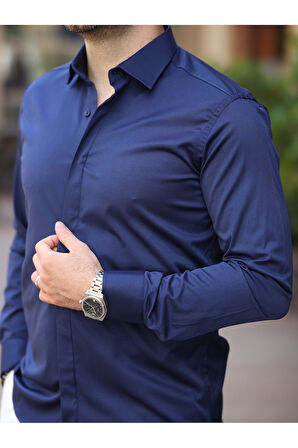 Süper Slim Fit (Dar Kalıp ) Gizli Düğmeli Pamuk Saten Gömlek