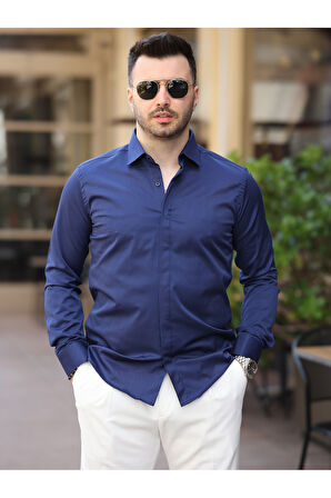 Süper Slim Fit (Dar Kalıp ) Gizli Düğmeli Pamuk Saten Gömlek