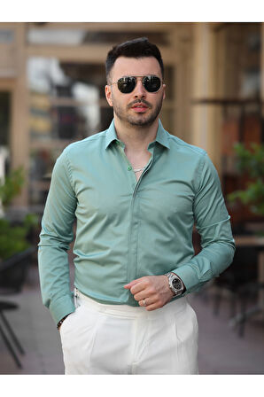 Süper Slim Fit (Dar Kalıp ) Gizli Düğmeli Pamuk Saten Gömlek