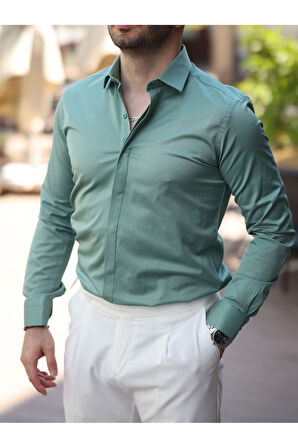 Süper Slim Fit (Dar Kalıp ) Gizli Düğmeli Pamuk Saten Gömlek