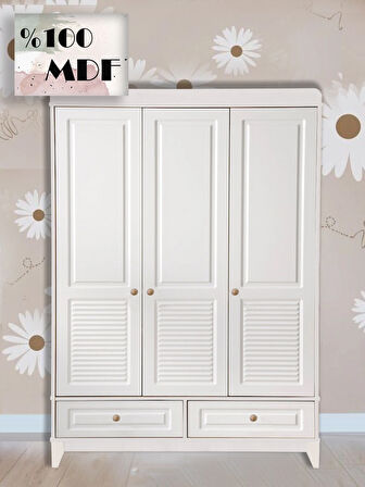 %100 MDF Panjur Beyaz 3 Kapılı Bebek & Çocuk Gardırop
