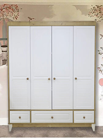 %100 MDF Panjur Ahşap Beyaz 4 Kapılı Bebek % Çocuk Gardırop
