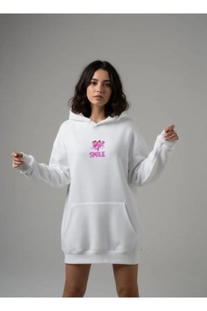 Lenithra Pembe Panter Sırt Baskılı Unisex Oversize Hoodie Beyaz / L