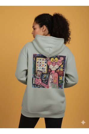 Lenithra Pembe Panter Sırt Baskılı Unisex Oversize Hoodie Gri / 2XL