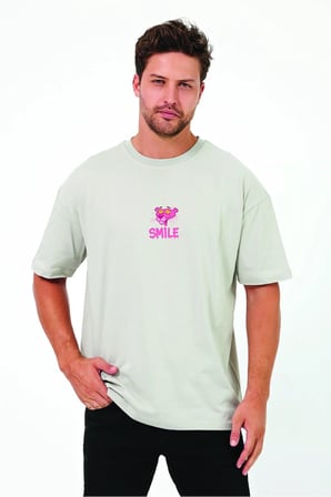 Lenithra Pembe Panter Sırt Baskılı Unisex Oversize T-shirt Gri / L