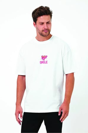 Lenithra Pembe Panter Sırt Baskılı Unisex Oversize T-shirt Beyaz / M