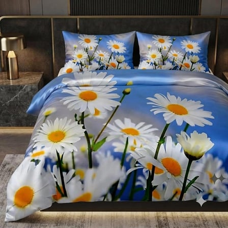 Özel Tasarım Marka 240*260 Cm Çift Kişilik Nevresim Takımı Organik Saten & Pamuk Luxury Ranforce Premium Kumaş Dokuma Çiçekli deluxe seri papatya sarı beyaz mavi 