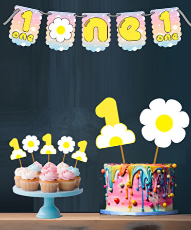 Papatya Temalı 3 Lü Set One 1 Yaş Doğum Günü Süsü Banner + Pasta Süsü + Cupcake Kürdani