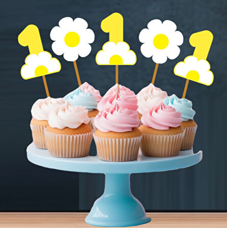 Papatya Temalı 3 Lü Set One 1 Yaş Doğum Günü Süsü Banner + Pasta Süsü + Cupcake Kürdani