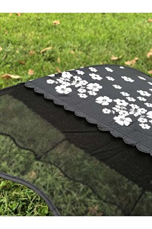 Rüzgarda Kırılmayan Kenarı Tüllü Papatya Desenli Siyah Kadın Şemsiye