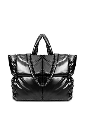 Siyah Kabartmalı Parlak Puf Kumaş Shopper Çanta