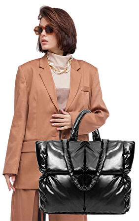 Siyah Kabartmalı Parlak Puf Kumaş Shopper Çanta