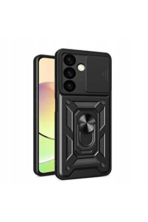 Samsung Galaxy S25 Sürgülü Kamera Koruyucu Metal Halka Ayaklı Stand Çizilmez Kılıf Case