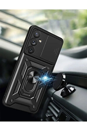 Samsung Galaxy S25 Sürgülü Kamera Koruyucu Metal Halka Ayaklı Stand Çizilmez Kılıf Case