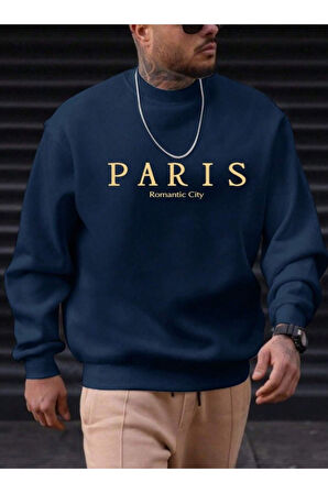 Erkek Petrol Mavi Paris Romantic City Baskılı Bisiklet Yaka Sweatshirt
