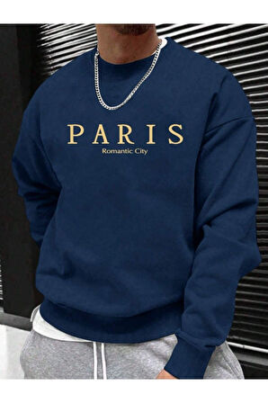 Erkek Petrol Mavi Paris Romantic City Baskılı Bisiklet Yaka Sweatshirt