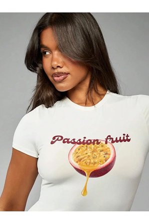 Kadın Passion Fruit Baskılı Bisiklet Yaka Baby Tee Penye Crop Tshirt