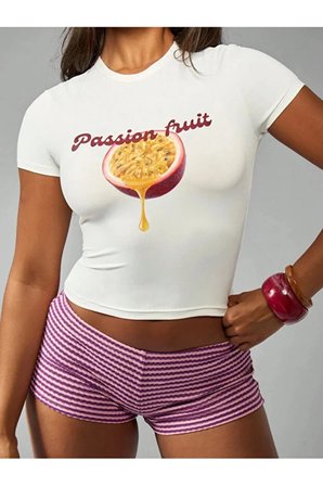 Kadın Passion Fruit Baskılı Bisiklet Yaka Baby Tee Penye Crop Tshirt