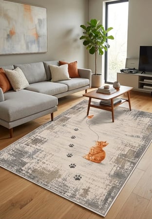 Pati Dostu Kedi Desenli Dijital Baskı Pamuk Dokuma Kaymaz Taban Salon Halısı ve Çocuk-Genç Odası