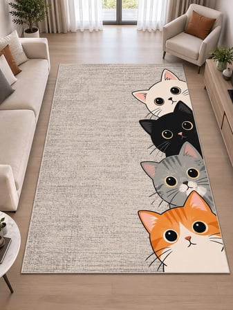 Pati Dostu Kedi Desenli Dijital Baskı Pamuk Dokuma Kaymaz Taban Salon Halısı ve Çocuk-Genç Odası