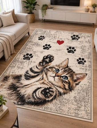 Pati Dostu Kedi Desenli Dijital Baskı Pamuk Dokuma Kaymaz Taban Salon Halısı ve Çocuk-Genç Odası