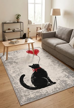 Pati Dostu Kedi Desenli Dijital Baskı Pamuk Dokuma Kaymaz Taban Salon Halısı ve Çocuk-Genç Odası