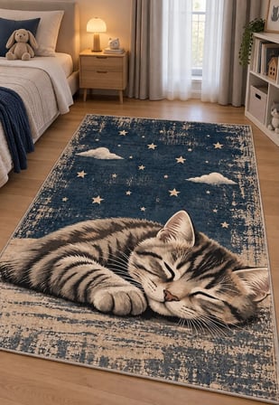 Pati Dostu Kedi Desenli Dijital Baskı Pamuk Dokuma Kaymaz Taban Salon Halısı ve Çocuk-Genç Odası