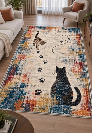 Pati Dostu Kedi Desenli Dijital Baskı Pamuk Dokuma Kaymaz Taban Salon Halısı ve Çocuk-Genç Odası