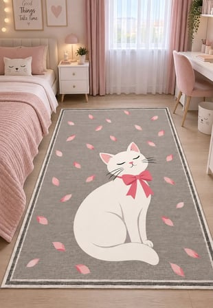 Pati Dostu Kedi Desenli Dijital Baskı Pamuk Dokuma Kaymaz Taban Salon Halısı ve Çocuk-Genç Odası