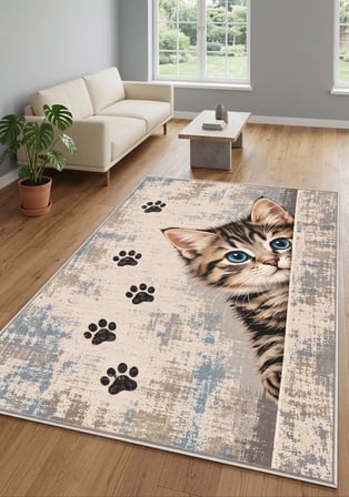 Pati Dostu Kedi Desenli Dijital Baskı Pamuk Dokuma Kaymaz Taban Salon Halısı ve Çocuk-Genç Odası