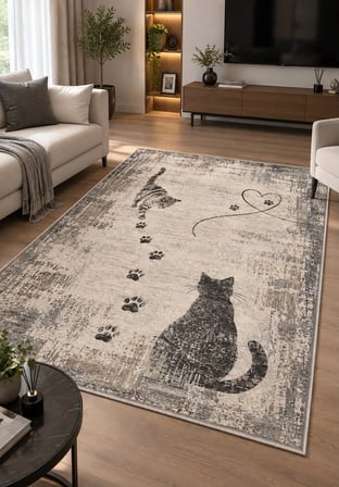 Pati Dostu Kedi Desenli Dijital Baskı Pamuk Dokuma Kaymaz Taban Salon Halısı ve Çocuk-Genç Odası