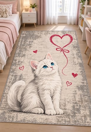 Pati Dostu Kedi Desenli Dijital Baskı Pamuk Dokuma Kaymaz Taban Salon Halısı ve Çocuk-Genç Odası