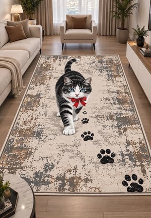 Pati Dostu Kedi Desenli Dijital Baskı Pamuk Dokuma Kaymaz Taban Salon Halısı ve Çocuk-Genç Odası