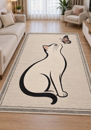 Pati Dostu Kedi Desenli Dijital Baskı Pamuk Dokuma Kaymaz Taban Salon Halısı ve Çocuk-Genç Odası