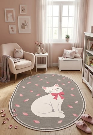 Pati Dostu Kedi Desenli Dijital Baskı Pamuk Dokuma Kaymaz Taban Salon Halısı ve Çocuk-Genç Odası