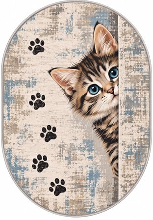 Pati Dostu Kedi Desenli Dijital Baskı Pamuk Dokuma Kaymaz Taban Salon Halısı ve Çocuk-Genç Odası