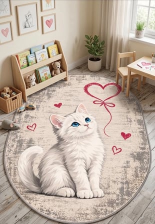 Pati Dostu Kedi Desenli Dijital Baskı Pamuk Dokuma Kaymaz Taban Salon Halısı ve Çocuk-Genç Odası