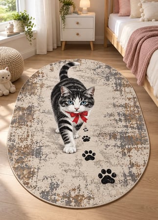 Pati Dostu Kedi Desenli Dijital Baskı Pamuk Dokuma Kaymaz Taban Salon Halısı ve Çocuk-Genç Odası