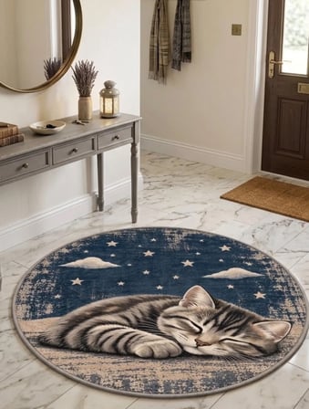 Pati Dostu Kedi Desenli Dijital Baskı Pamuk Dokuma Kaymaz Taban Salon Halısı ve Çocuk-Genç Odası
