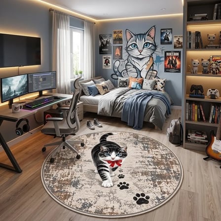 Pati Dostu Kedi Desenli Dijital Baskı Pamuk Dokuma Kaymaz Taban Salon Halısı ve Çocuk-Genç Odası
