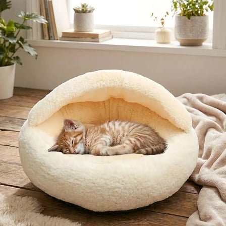 Yarı Açık Yuvarlak Peluş Kedi ve Köpek Yatağı – Kaymaz Taban Tüylü Pet Pufu,Uyku Minderi