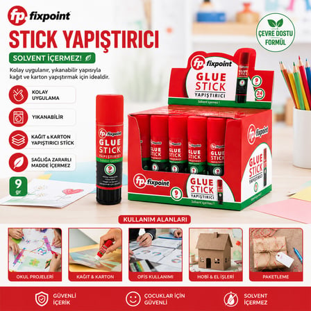 24 Adet 9GR Stıck Yapıştırıcı Solvent İçermez Yıkanabilir Kolay Uygulama Kağıt - Karton Yapıştırıcı Stick