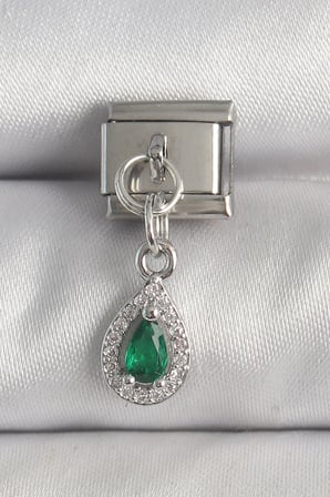 316L Çelik Gümüş Renk Sallantı Yeşil Zirkon Taşlı Damla Model Nomination Charm