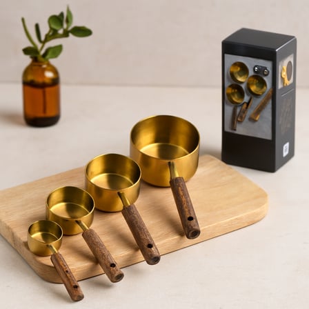 4'lü ölçü kaşık seti (250/125/80/60 ml) - gold metal ahşap saplı
