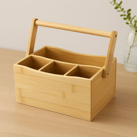 Bambu Ahşap Kaşıklık 3+1 Bölmeli Taşıma Kulplu - Tezgah Üstü