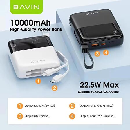 BAVIN PC009S Powerbank 22.5W Hızlı Şarj 10000mah Taşınabilir IOS ve Type-C Kablolu Şarj Cihazı