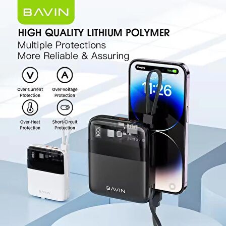 BAVIN PC009S Powerbank 22.5W Hızlı Şarj 10000mah Taşınabilir IOS ve Type-C Kablolu Şarj Cihazı