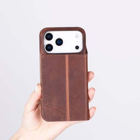 Apple iPhone 17 Pro için, Hakiki Deri, El Yapımı, Cüzdanlı Slim Kılıf, Mag safe ile uyumlu, İç Yüzeyi Kadife, Antik Kahve